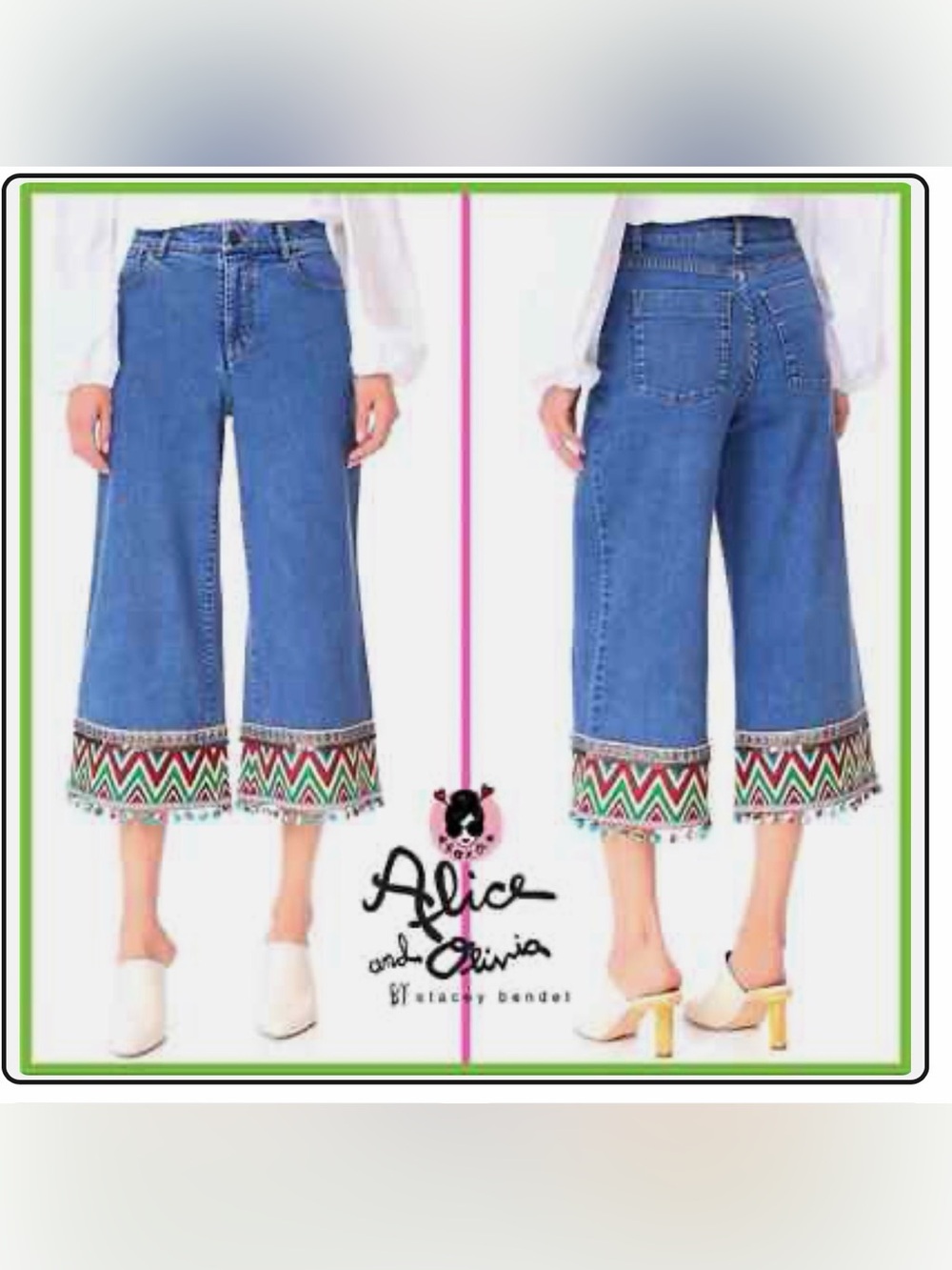 Alice + Olivia Beta Wide Leg Embroidered Gaucho Denim Jeans Size 26 - Picture 5 of 10